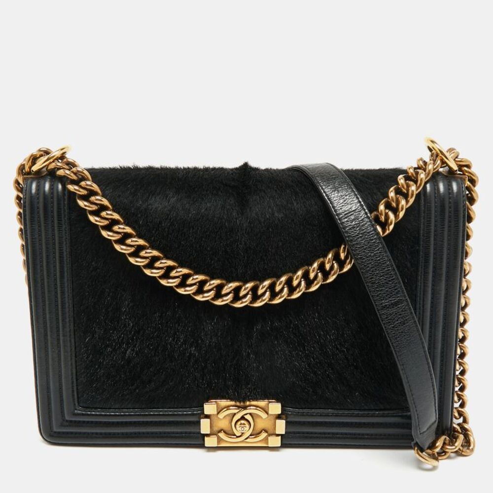 Chanel Black Calf Hair And Leather New Medium Boy Flap Bag